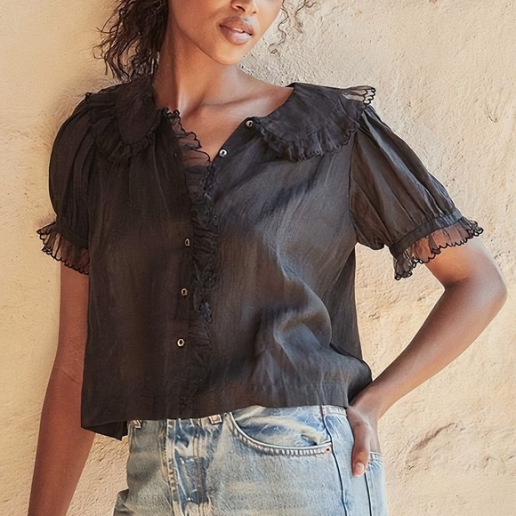 DÔEN Flute Short-Sleeve Ruffle Top in Black - Picture 3 of 8